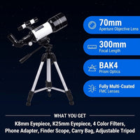 Telescope for Adults, 70Mm Astronomical Refractor Telescope, Portable Travel Telescope for Kids Beginners for Moon Stargazing Outdoor Camping — Results & Stats