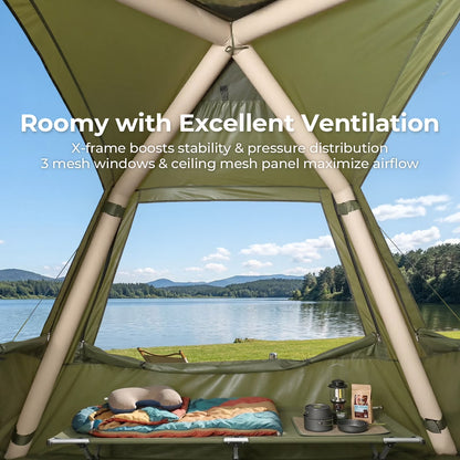 2-4 People Inflatable Tent with Hand Pump for Camping, Easy Setup Air Glamping Tents with Extra Canopy, Camping Tent for Family, Green