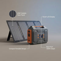 Portable Solar Generator Built for Outdoor Adventures, 300W Power Station, 60W Foldable Panel, 280Wh Capacity — infographic