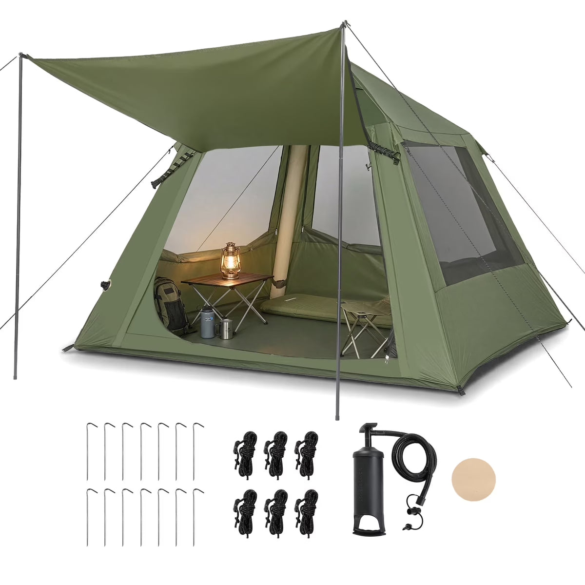 2-4 People Inflatable Tent with Hand Pump for Camping, Easy Setup Air Glamping Tents with Extra Canopy, Camping Tent for Family, Green