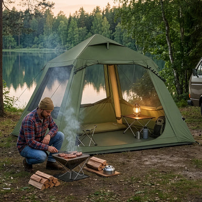 2-4 People Inflatable Tent with Hand Pump for Camping, Easy Setup Air Glamping Tents with Extra Canopy, Camping Tent for Family, Green