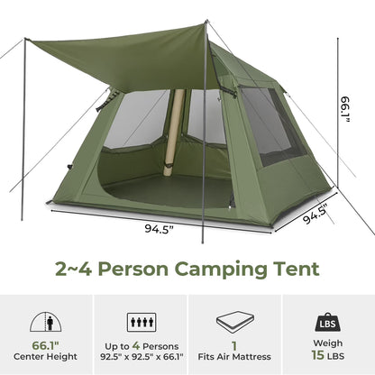2-4 People Inflatable Tent with Hand Pump for Camping, Easy Setup Air Glamping Tents with Extra Canopy, Camping Tent for Family, Green