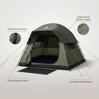 Tent 4 Person Tents for Camping with 2 Doors & Rainfly | Portable Waterproof & Windproof Tents, Large Mesh Ventilation, Easy Setup Family Tent for Camping, Hiking and Backpacking — infographic
