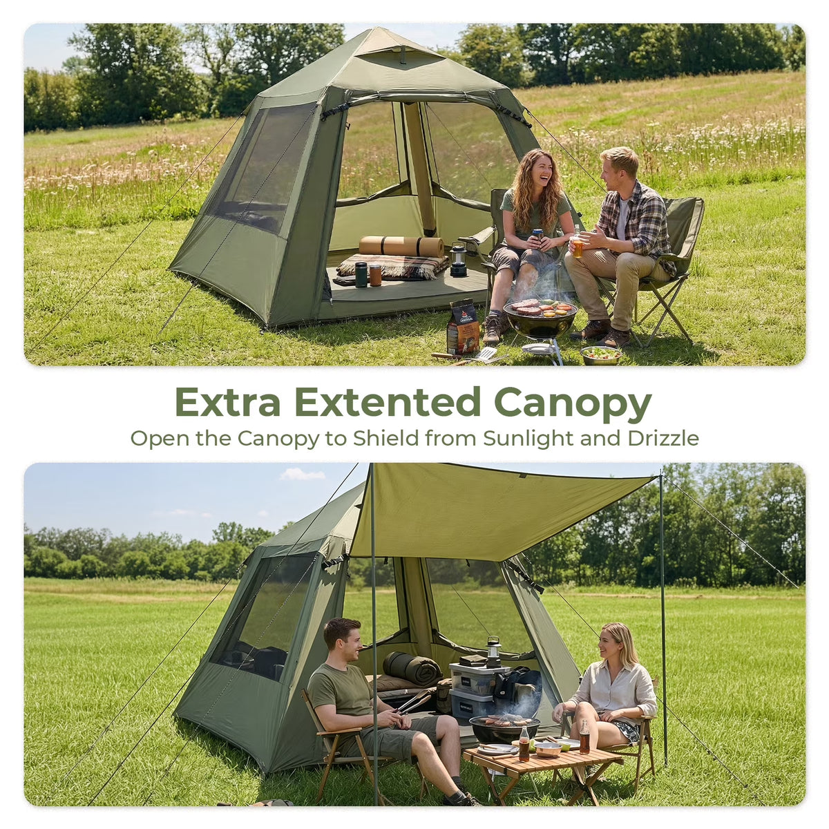 2-4 People Inflatable Tent with Hand Pump for Camping, Easy Setup Air Glamping Tents with Extra Canopy, Camping Tent for Family, Green