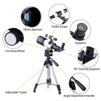 Telescope for Adults, 70Mm Astronomical Refractor Telescope, Portable Travel Telescope for Kids Beginners for Moon Stargazing Outdoor Camping