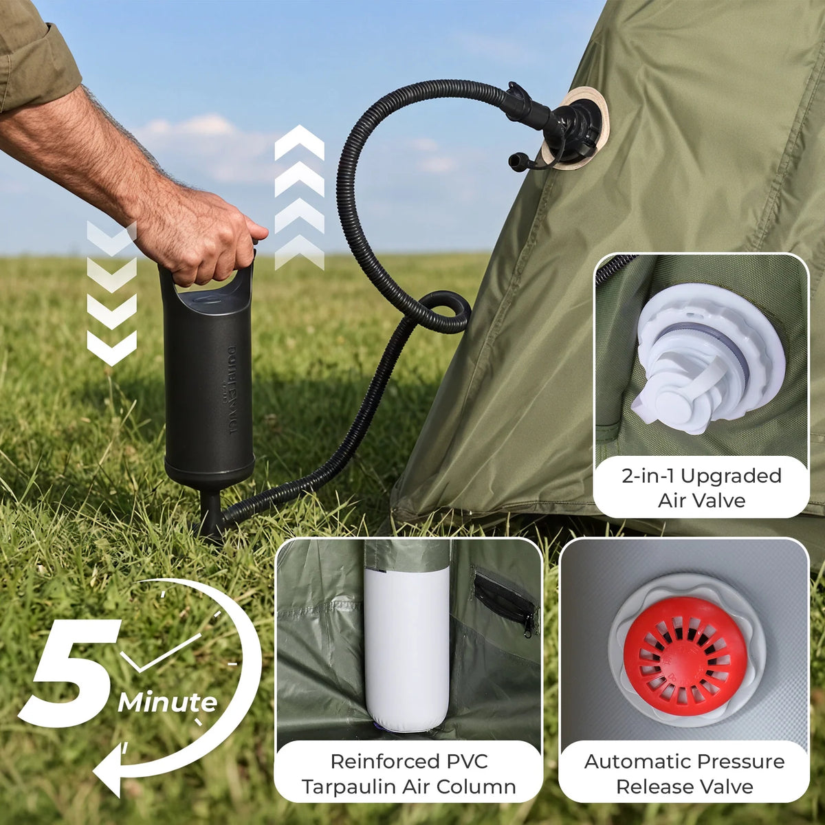 2-4 People Inflatable Tent with Hand Pump for Camping, Easy Setup Air Glamping Tents with Extra Canopy, Camping Tent for Family, Green