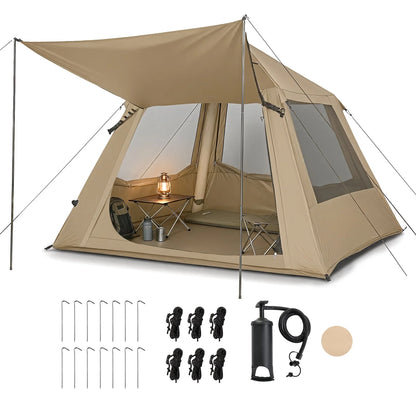 2-4 People Inflatable Tent with Hand Pump for Camping, Easy Setup Air Glamping Tents with Extra Canopy, Camping Tent for Family, Green
