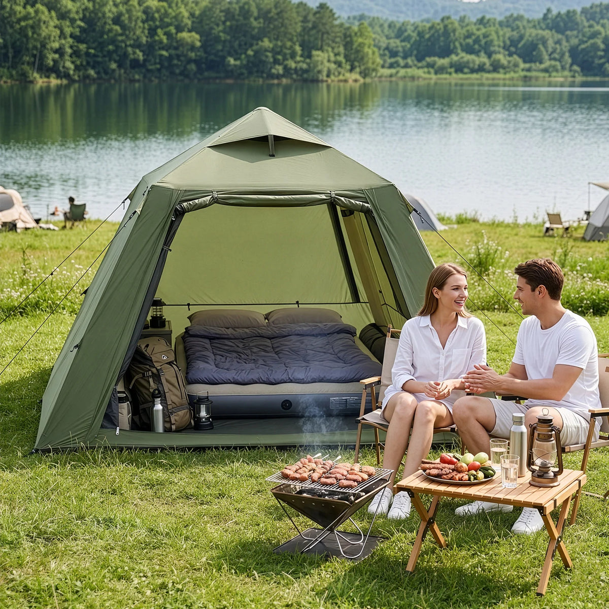 2-4 People Inflatable Tent with Hand Pump for Camping, Easy Setup Air Glamping Tents with Extra Canopy, Camping Tent for Family, Green